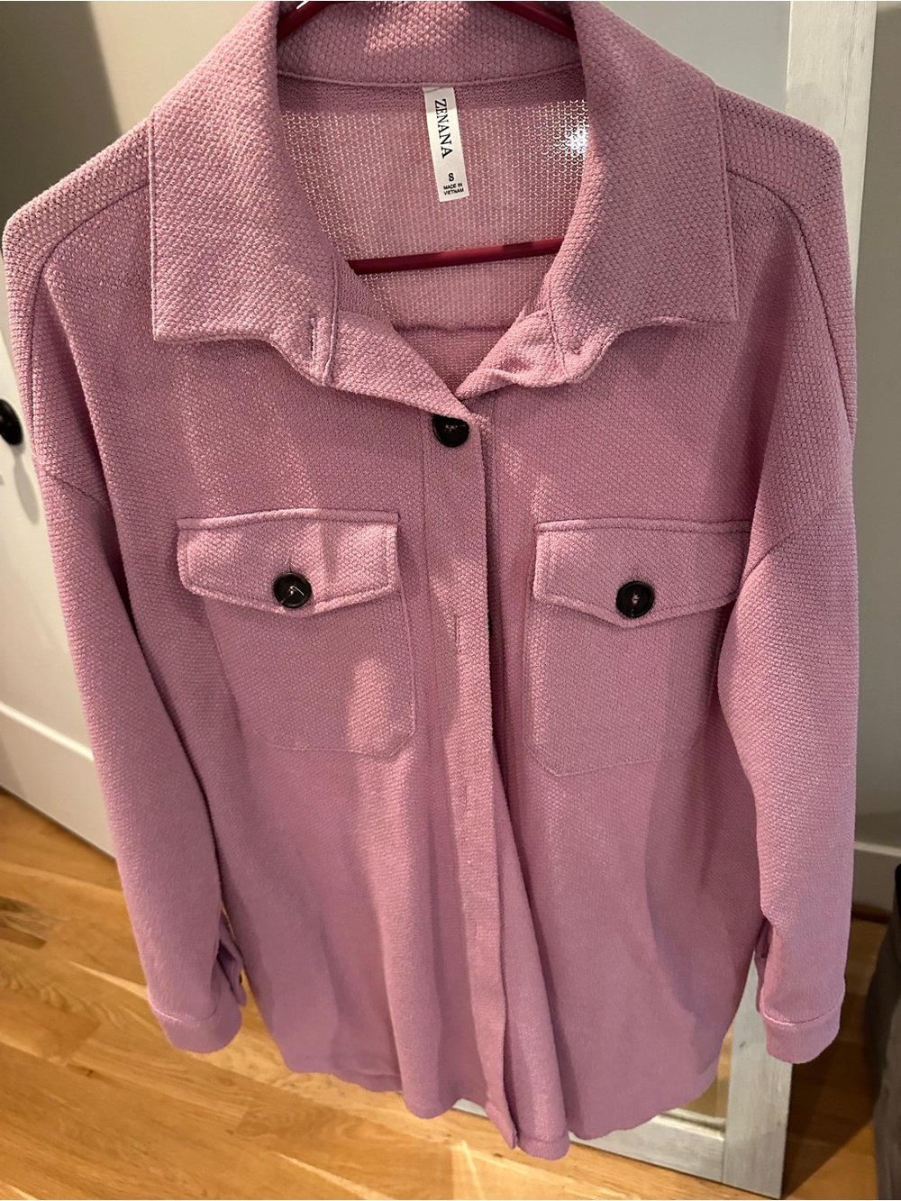 Zenana Outfitters Textured Button-Front Shacket in Pink